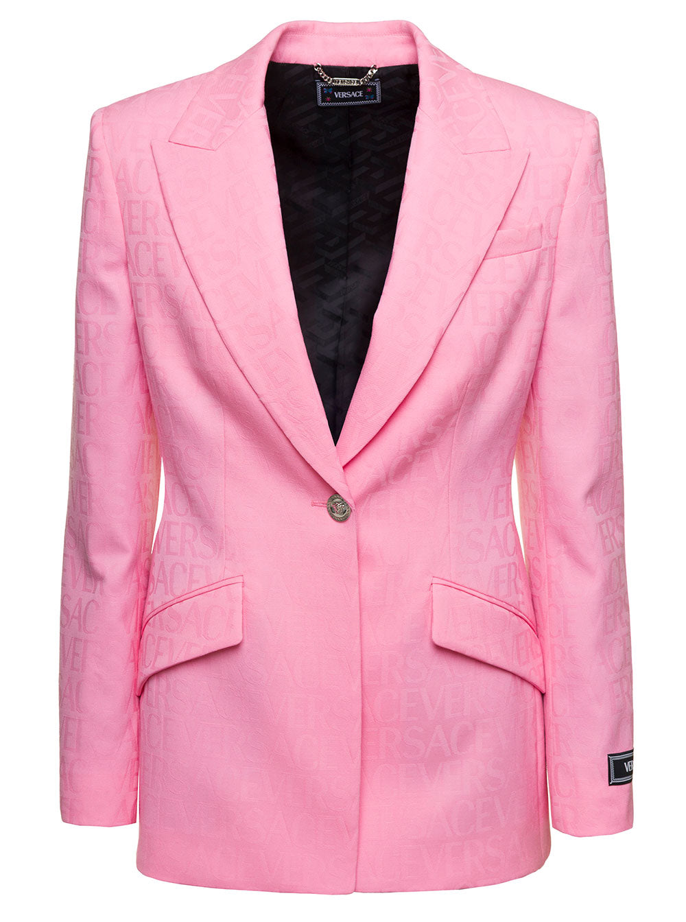 Versace Women Pink Single-Breasted Sports Jacket With Tonal Logo Lettering Print
