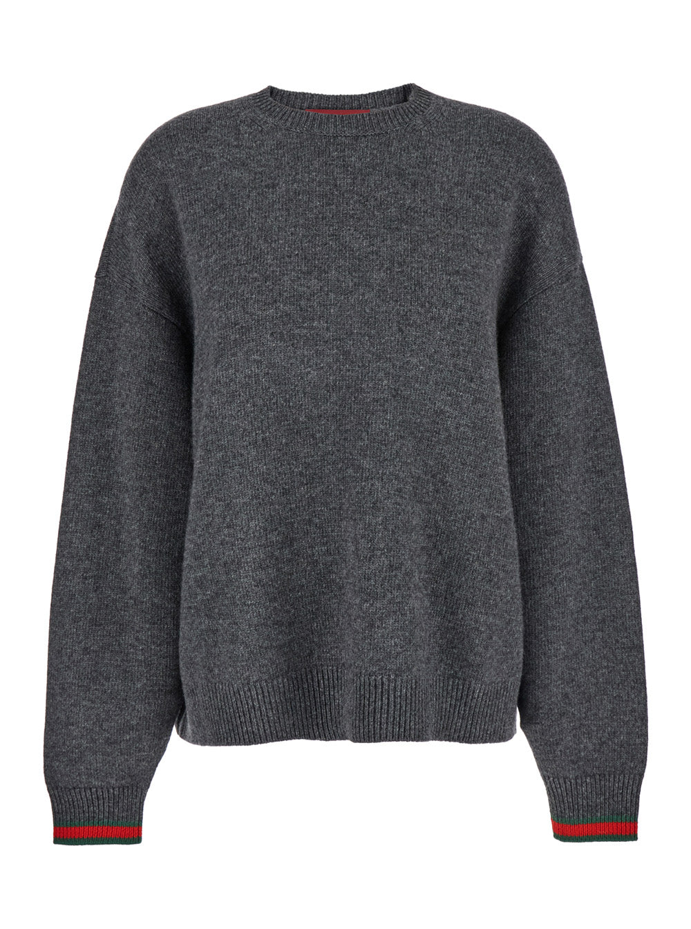 Gucci Women Grey Crewneck Sweater With Web Detail On The Cuffs In Wool And Cashmere Blend