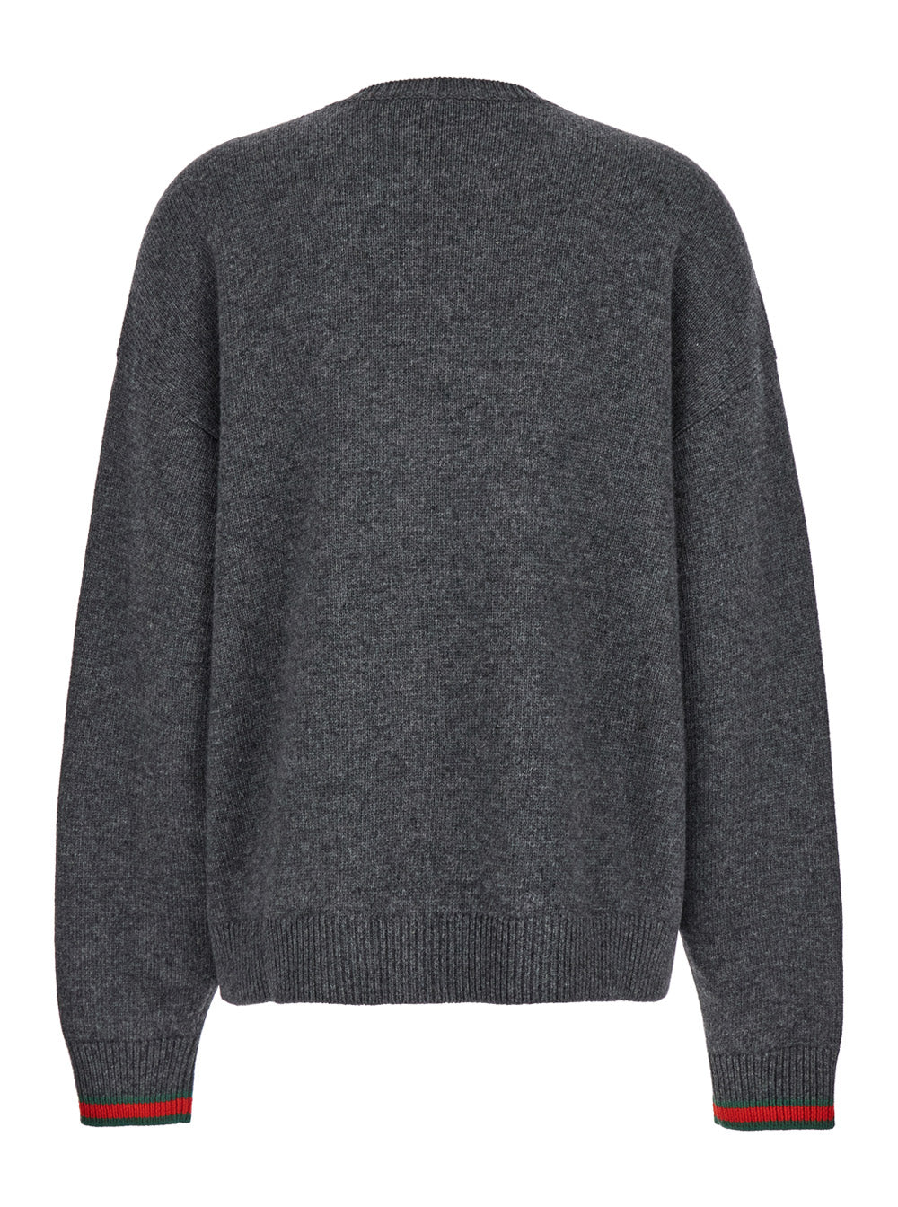 Gucci Women Grey Crewneck Sweater With Web Detail On The Cuffs In Wool And Cashmere Blend