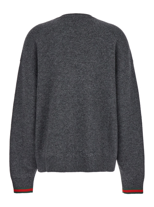 Gucci Women Grey Crewneck Sweater With Web Detail On The Cuffs In Wool And Cashmere Blend