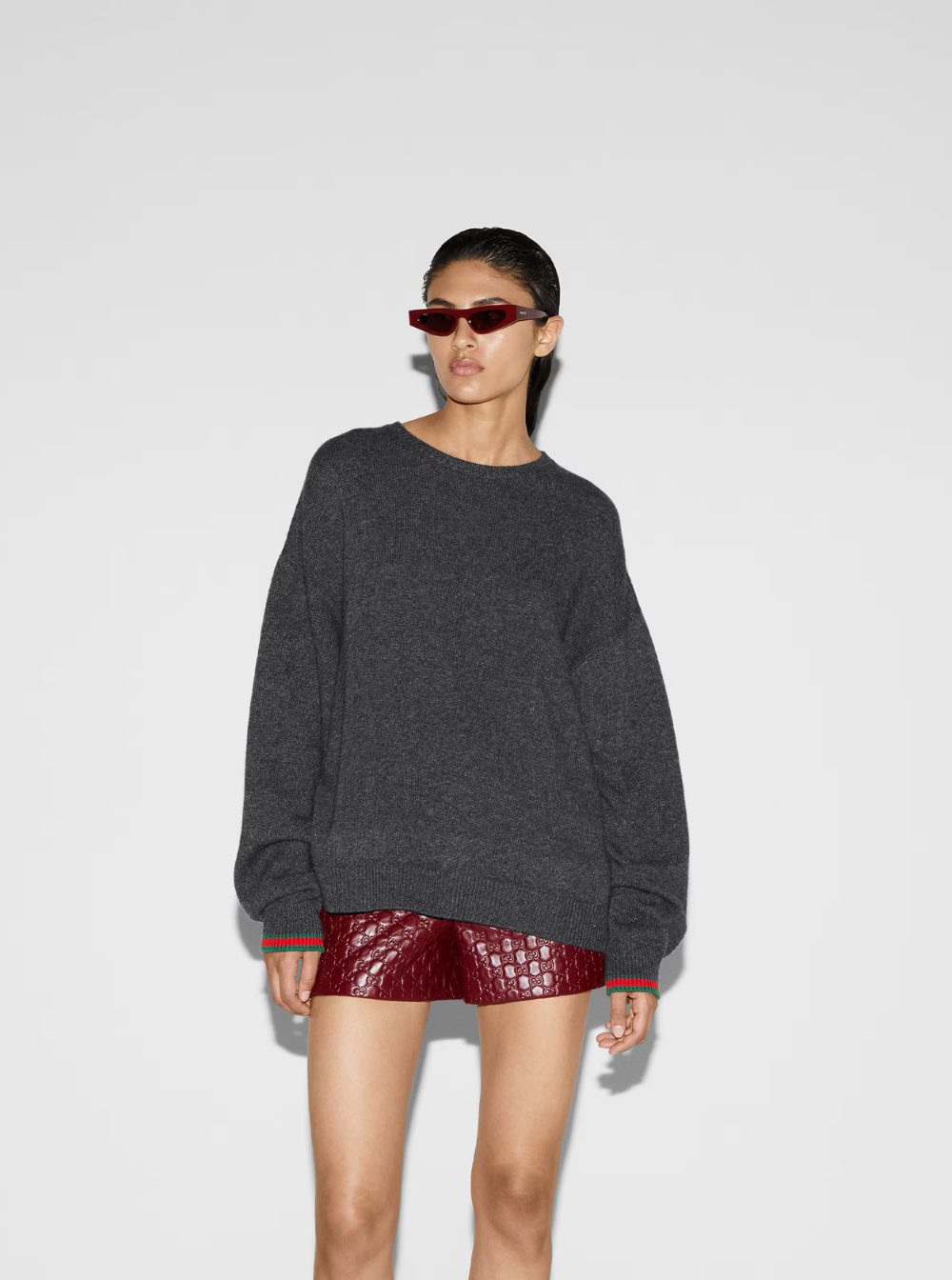 Gucci Women Grey Crewneck Sweater With Web Detail On The Cuffs In Wool And Cashmere Blend